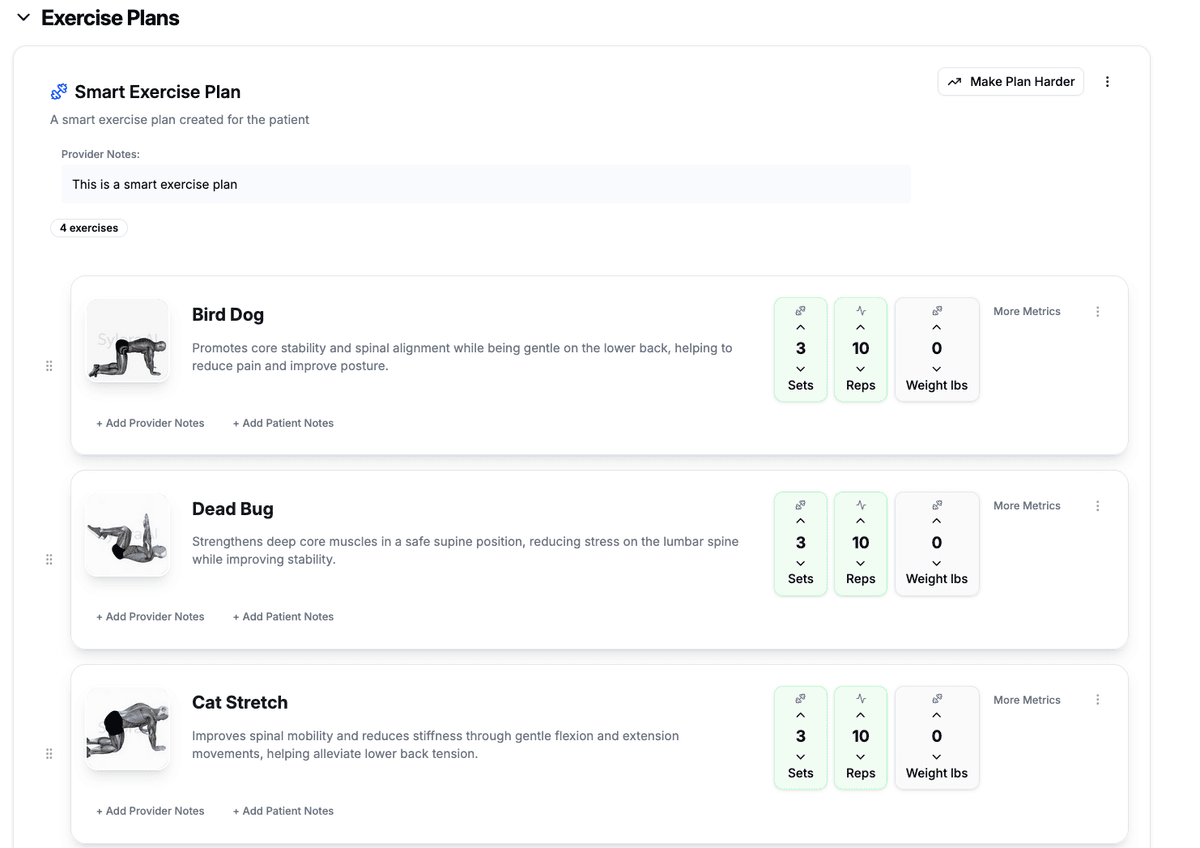 Sylora AI interface highlighting one-click generation of patient exercise plans