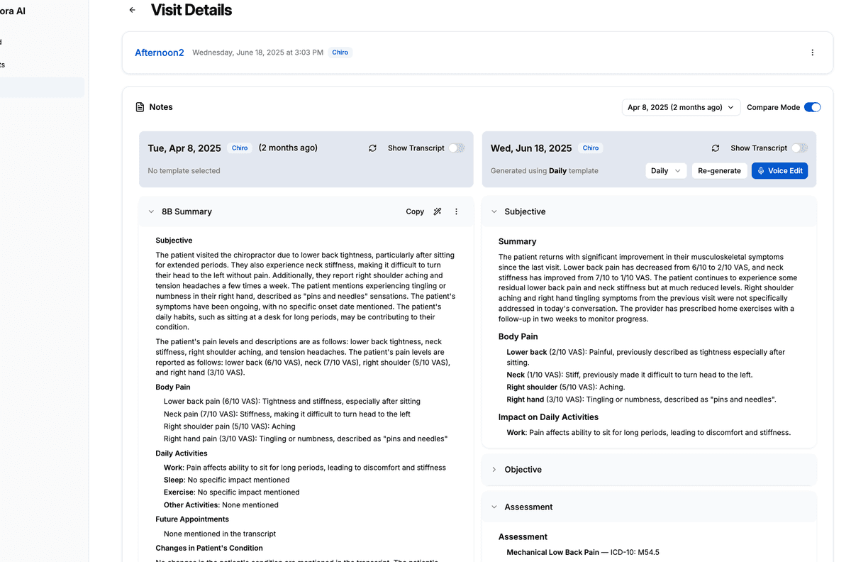 Sylora AI note comparison interface showing original conversation and generated clinical notes