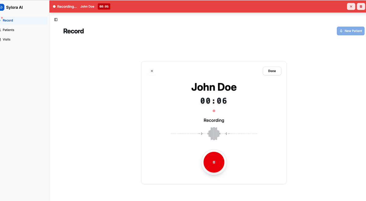 Sylora AI recording interface showing active patient encounter recording